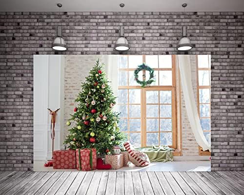 רקע עץ חג המולד 20x10ft רקע איילים קיר לבנים לבן מסגרת חלון עץ מסגרת רצפה לבנה רקע