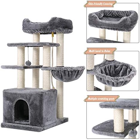 רהיטי מגדל עץ חתולים רב-דרגתיים של HERQS עם עמדות שריטות מכוסות סיסל, ערסל גדול יותר ומוט דלוקס