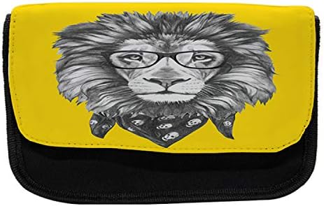 מארז עיפרון מודרני וינטג 'לונאנג, משקפי אריות היפסטר, תיק עפר עט בד עם רוכסן כפול, 8.5 x 5.5, אפור וצהוב