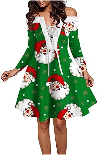 נשים חג המולד כבוי כתף סקסי שמלת חג המולד ערב המפלגה שמלה ארוך שרוול פאזי צוואר חורף הברך אורך שמלה