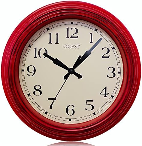 OCEST רטרו 9 אינץ 'אדום אדום שעון קיר מטבח קטן, שקט שקט לא מתקתק המופעל על סוללה דקורטיבית שעון קיר קוורץ עגול, שעון קל לקריאה