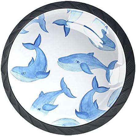 עגול מגירה מושך ידית כחול לווייתן קריקטורה סגנון הדפסה עם ברגים לבית שידת ארונות דלת מטבח משרד שולחן מגירת אמבטיה 4 יחידות