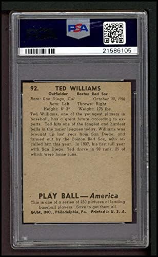 1939 כדור משחק 92 טד וויליאמס בוסטון רד סוקס PSA PSA 5.00 Red Sox
