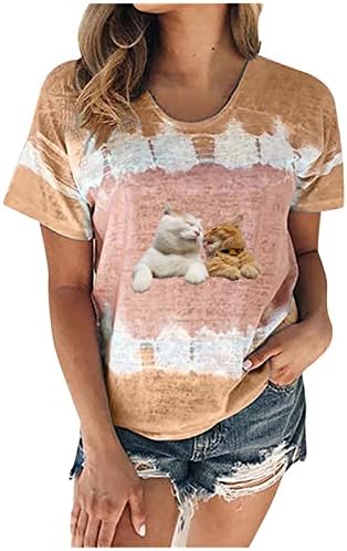 נשים קיץ עניבה לצבוע חולצת טי חולצות חמוד חתול הדפסה קצר שרוול חולצות טרנדי מקרית צווארון עגול רופף מתאים טי חולצה