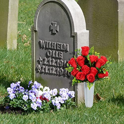 פרחי בית קברות מלאכותיים של Xonor, סט של 2 פרחי זיכרון קבר עם זרוע קבר עם אגרטל לקישוט מצבות בית קברות קישוט