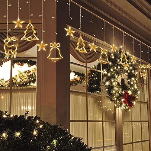 קישוטי אורות חלון חג המולד בגודל 11.5ft, 8 מצבים מהבהבים עץ חג המולד לבן חמים צבי פעמון אורות כוכבים, נורות