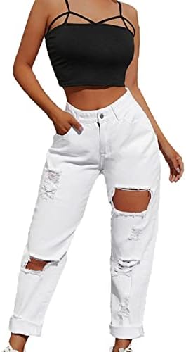 נשים גבוהה מותן קרע החבר ג 'ינס כושר רופף במצוקה נהרס ג' ינס מכנסיים מקרית קומפי למתוח ג ' ינס