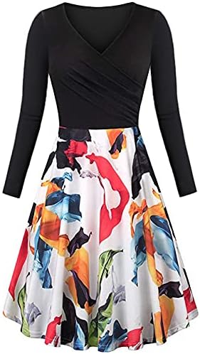 שמלת וינטג 'לנשים אלגנטית פרחונית מתרחבת עם שרוולים ארוכים V צוואר א-קו-קו מתנדנד שמלות מסיבות מזדמנים עם כיסים