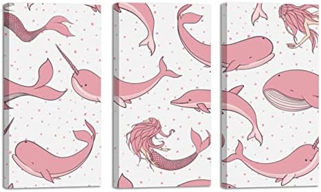 אמנות קיר לסלון, לווייתנים ורודים בנות ים חד קרן נרוולס דולפינים דפוס ציור שמן דקורטיבי ממוסגר סט יצירות אמנות מודרניות