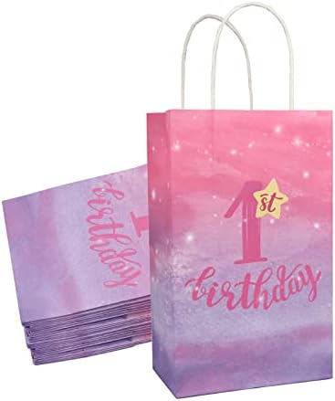 קישוטי יום הולדת 1 לשקיות מתנה עם נושא ורוד עם ידיות-שקיות מסיבת יום הולדת ורודות, שקיות טובות למסיבה 1 למסיבת
