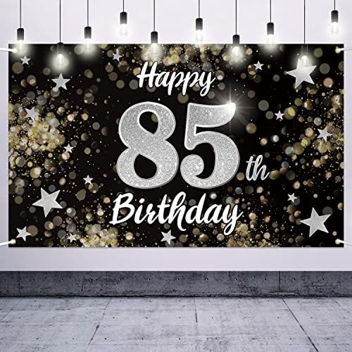 יום הולדת ה -85 שמח נלבירת שחור & מגבר; באנר גדול כוכב כסף - לחיים 85 שנים יום הולדת הביתה קיר רקע הנפץ, קישוט מסיבת