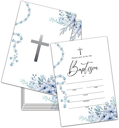 הזמנות טבילה עם מעטפות, מקלחת תינוקות פרחונית של בוהו מזמינה קלפים, פרח מחרוזת כחול ראשונה הזמנה, חגיגת טקס הטבילה דת