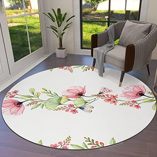 שטיח שטח עגול גדול לחדר שינה בסלון, שטיחים 6ft ללא החלקה לחדר ילדים, פרח פרחי גינקגו פרח פרפר פרפר לבן מחצלת