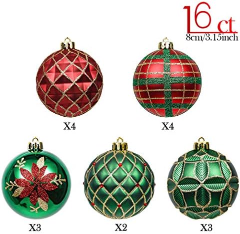 Valery Madelyn 16ct 80 ממ מסורתי אדום ירוק וזהב קישוטי כדור חג המולד תפאורה, קישוטים לעץ חג המולד עמיד בפני
