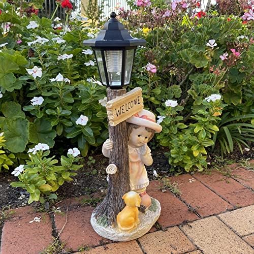 אלוק ילדה גן פסל עם אורות שמש וסימן מבורך 20 אינץ, ילדה פסל לבית גן דשא פטיו