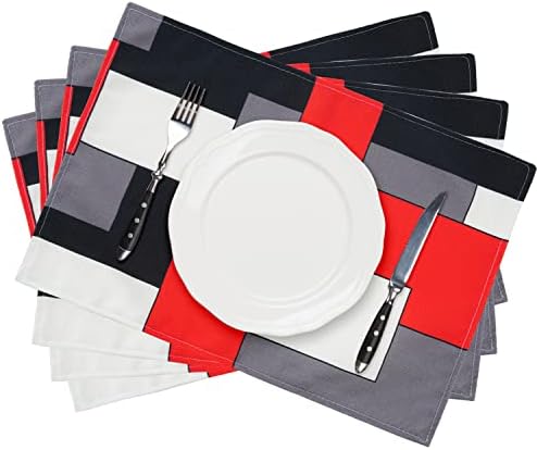 אדום אפור שחור לבן פיקסמטים סטמטים של 4, שולחן מרובע גיאומטרי מחצלות מקום יוטה אטום למים רחיץ אוכל לשטוף לקישוטים