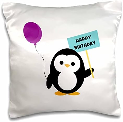 3 אתן פינגווין עם בלון צעצוע סגול וכרזה יום הולדת שמח - מארזי כריות