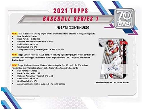 2021 Topps Series 1 מפעל בייסבול אטום Blaster Box 7 חבילות של 14 קלפים פלוס 1 70 שנה לכרטיס תיקון. 99 קלפים מסיביים,
