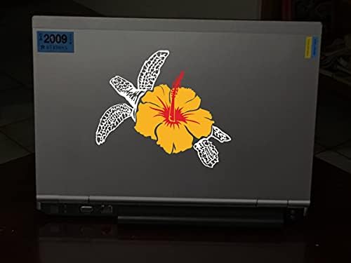 מדבקות הוואי של אמיארט - 8 אינץ 'x 7 אינץ' - צב וצהוב ואדום פרח היביסקוס - ויניל - מדבקות לקיר/מחשב נייד/מכונית/משאית/חלון