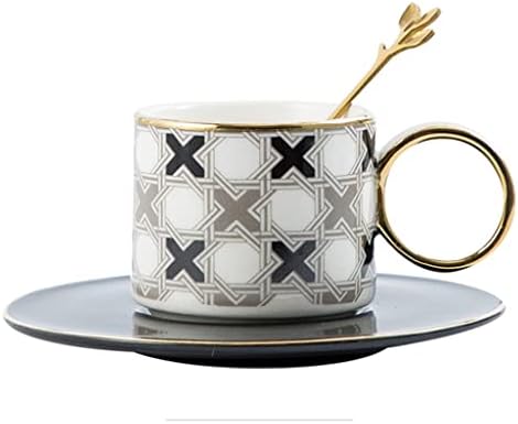 YAYWP צבועים ביד צבועים קרמיקה גיאומטרית עם ידית זהב כוס וצלוחית לתה קפה חלב שיבולת שועל מתנה ליום הולדת