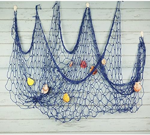 קישוט רשת דיג ים תיכוני ביליפלה, רשת דגים עם עיצוב צדף, קישוטים למסיבות ימיות, כחול
