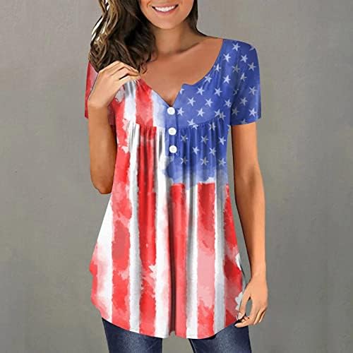 4 ביולי טוניקת חולצות לנשים אמריקאי דגל להסתיר בטן שומן חולצות קיץ מזדמן קצר שרוול כפתור עד צוואר חולצות