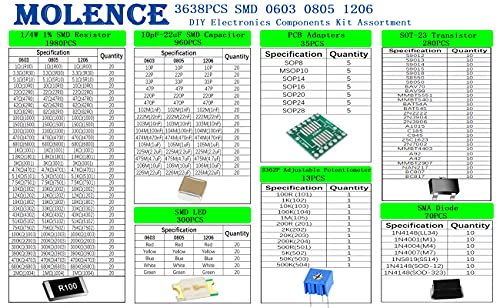 MOLENCE SMD 0603 0805 1206 DIY Electronics רכיבי ערכת ערכת מבחר, נגד 3638 יחידות, קבלים, LED, PCB, דיודה, טרנזיסטור,