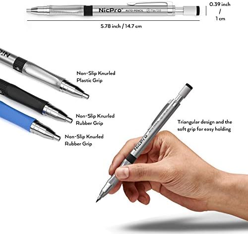 NICPRO 11 חלקים צבעים 2 ממ סט עיפרון מכני, 3 PCS נגר ניסוח עיפרון 2.0 ממ לרישום אמנות כתיבת רישום בנייה עם