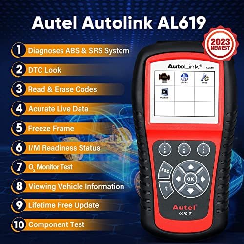 Autel Autolink AL619 סורק, 2023 CAR הכי חדש ABS SRS & CAN CAN CAN2 כלי סריקה אבחוני, 10 מצבי בדיקה של OBDII, בדיקת