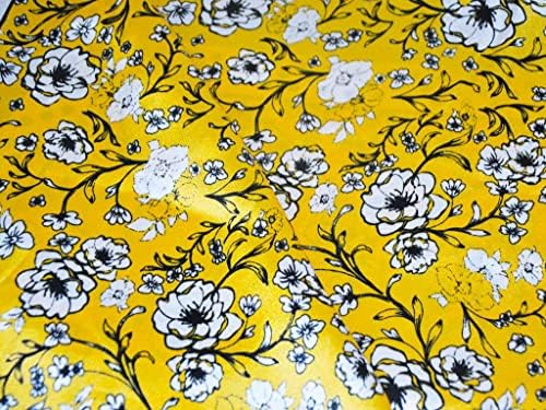 עגלת העיצוב פרחים לבנים צהובים מודפסים בד סאטן לאומנויות ומלאכות, עשה זאת בעצמך, תפירה ופרויקטים אחרים, רוחב 44 אינץ '