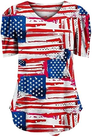 חולצה עליונה לנשים סתיו קיץ שרוול נפיחה קצרה כותנה עמוק V צוואר דגל אמריקאי דגל אמריקאי חולצה מזדמנת