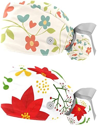 2 חבילות מקרצף נשים עם כפתורים, כובעי גולגולת אלסטיים מתכווננים, כובעי כירורגיה פרחים פרחים כובעים