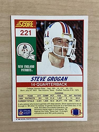 סטיב גרוגן ניו אינגלנד פטריוטס חתום על חתימה משנת 1990 כרטיס ציון 221 w/coa
