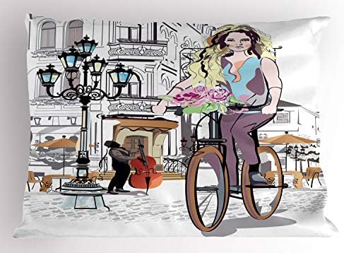 כרית Ambesonne Paris כרית, אופני ילדה צעירה ושושנים ברחוב עיר עתיקה מוזיקאי סיור רומנטי, עיר דקורטיבית בגודל