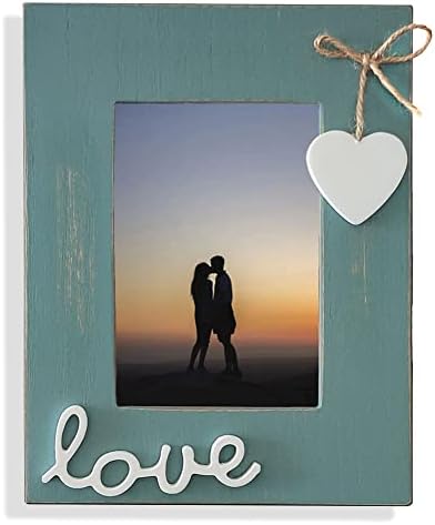 4x6 מסגרת תמונה כחולה לאהבה עם לב -עווד מסגרת פותו אנכית לזוג, משפטי, חבר, אב, אם, תינוק, שולחן אחות וקיר רכוב