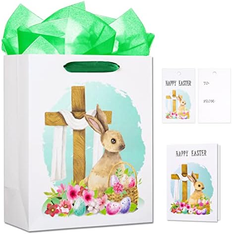 שקיות מתנה של פסחא של סיקוהום לילדים 13 שקיות מתנה של ארנב בינוני צולב פסחא עם נייר טישו וכרטיס מתנה מסיבת פסחא