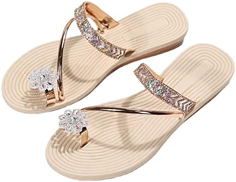 סנדלים לנשים חוטיני, נעלי בית ריינסטון שטוחות קיץ אופנה נושמת שקופיות נושמות נעלי חוף לנשים