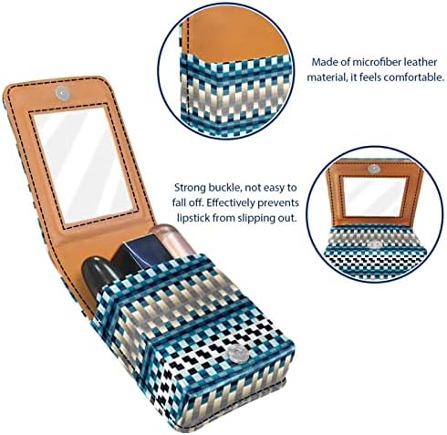 שפתון מקרה עם מראה חמוד נייד איפור תיק קוסמטי פאוץ, מודרני גיאומטרי דפוס כחול אפור פסים