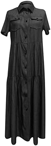 שמלת אביב וקיץ של ג'נרית לנשים 2023 כפתור רופף מודפס v ג 'ג'ינס שרוול קצר שמלה ארוכה