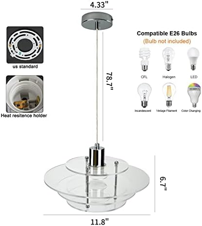 קלולי קלולי אור תליון מודרני, מנורת תקרה של אי אקרילי, תאורת עבם יצירתית, מצופה כרום, 11.8 אינץ ', מתאימה
