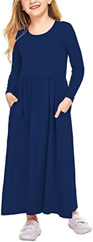 21 ילדים בנות מקסי שמלת ילדים מוצק ארוך שרוול מזדמן שמלות עם כיסים עבור בנות 6-12 שנים