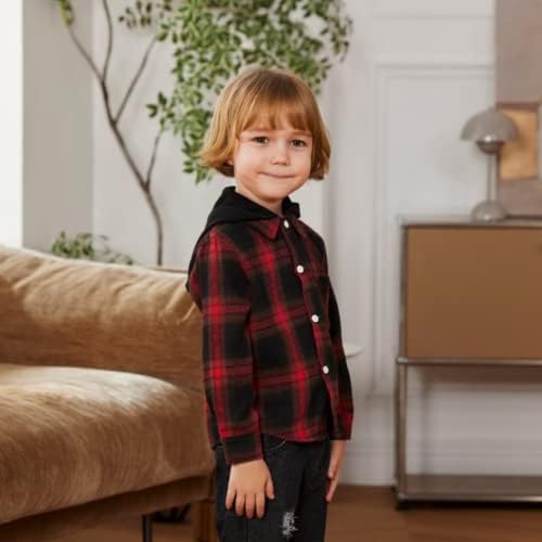Weixinbuy ילדים קטנים בנים בנות כפתור מטה חולצה בכושר רגיל שרוול ארוך חולצת פלנל חולצה משובצת עם ברדס לתינוק 1-6