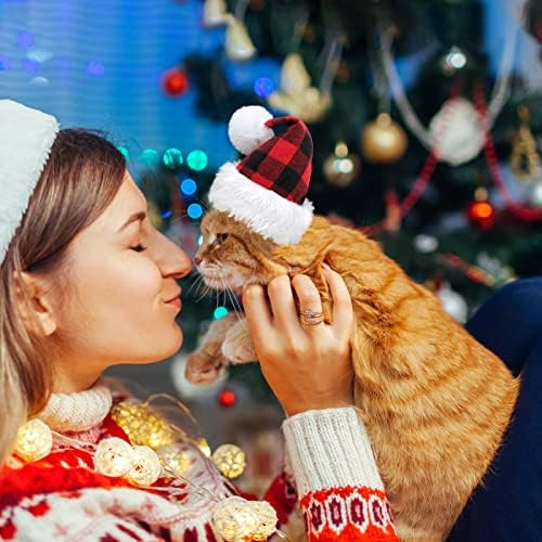 ריפט חתול סנטה כובע עם צעיף קלאסי משובץ חתלתול חג המולד תלבושות סט קיטי חג המולד תלבושת הלבשה עבור חתול גור מסיבת