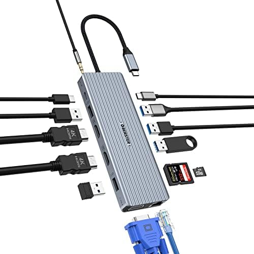 תחנת עגינה USB C רכזת צג כפול, 14 בתצוגה משולשת 1 USB C רכזת ADAPTE עם 2 HDMI 4K+VGA+10GB USB 3.1+ 10GB USB-C+4XUSB 2.0+100W