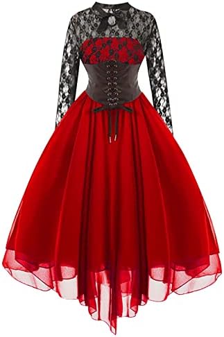שמלת נשים סקסי צוואר לאגד רטרו סגנון בציר מוצק צבע תחרה שרוול שמלת נסיכת משפט התחת מחמיא