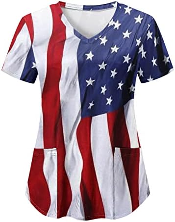 4 ביולי חולצות לנשים דגל ארה ב קיץ שרוול קצר חולצת טריקו עם 2 כיסים חולצות בגדי עבודה מזדמנים לחג