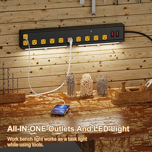 רצועת חשמל כבדה של 10 אאוטלט עם אור עבודות LED, רצועת חשמל ארוכת קיר עם יציאות USB, 6.56 רגל כבל חשמל 1350