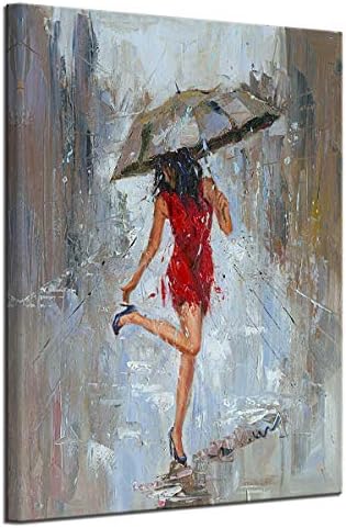 מופשט קיר אמנות גשם מודרני בד ציור ילדה מטרייה עם אדום שמלת הליכה ברחוב דמות יצירות אמנות