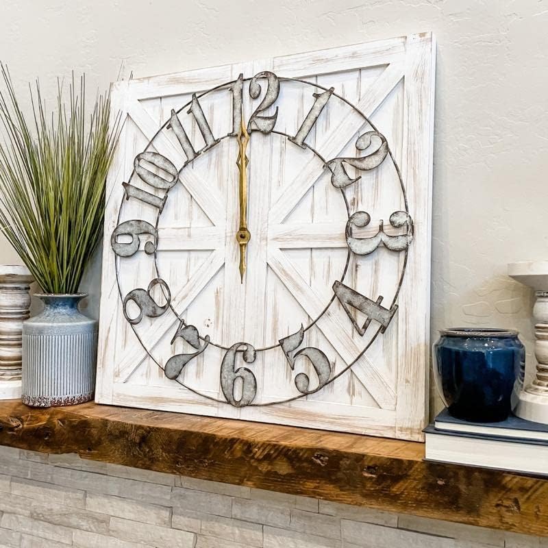 שעון קיר גדול של בית החווה הגדול - שעון סגנון חווה מרובע 24 אינץ 'משולב עם שלט עץ הפיך דקורטיבי