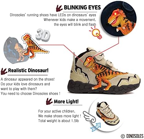 Dinosoles 3D T-rex מהבהב הוביל נעלי דינוזאור ילדים גבוהות. נעלי ספורט לילדים קלים. שיזוף ילדים קטנים 11 גודל.